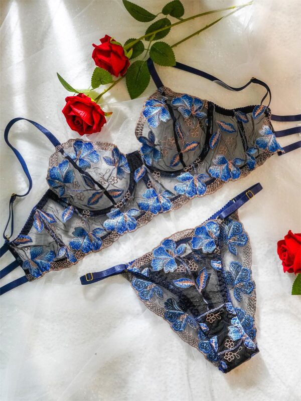 Blue Floral Embroidery Widen Side Lingerie Set - Image 8