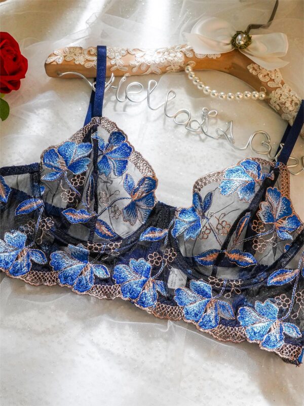 Blue Floral Embroidery Widen Side Lingerie Set - Image 9