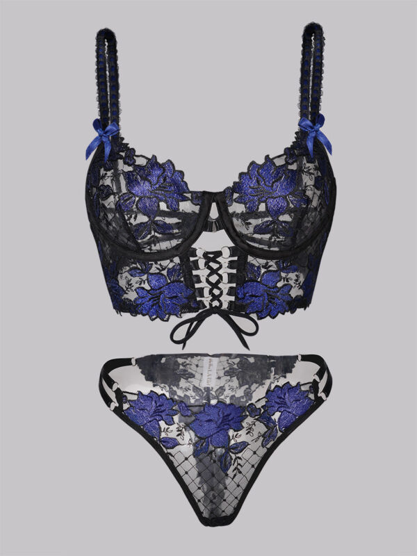 Black&Blue Floral Embroidery Ribbon Lingerie Set - Image 3