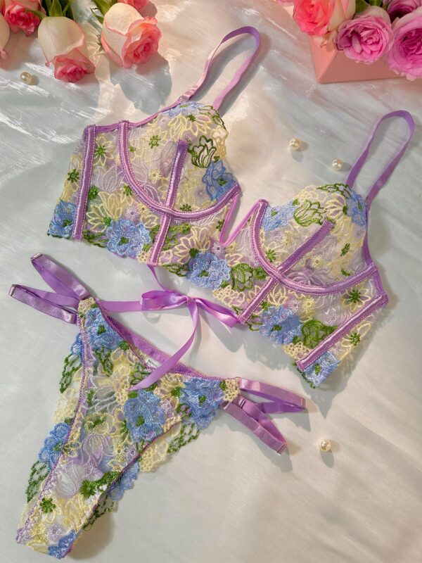 Purple Florals Embroidery Bustier  Lingerie Set - Image 11