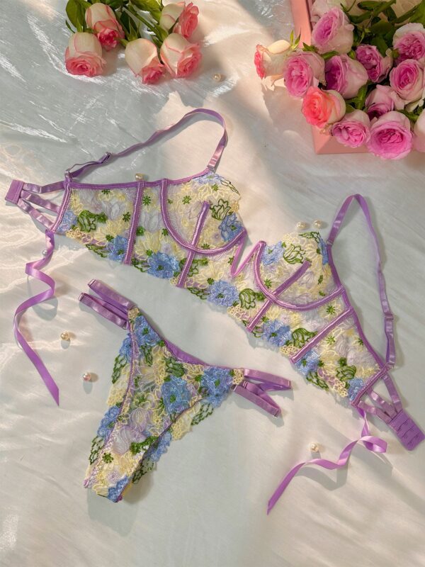Purple Florals Embroidery Bustier  Lingerie Set - Image 9
