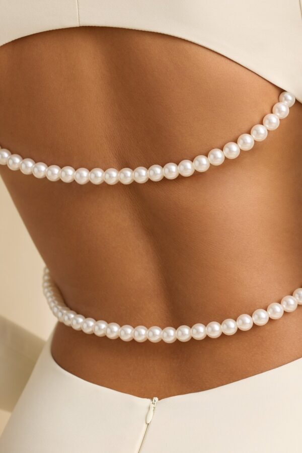 Pearl-Detail Cut-Out Mini Dress in Ivory - Image 4