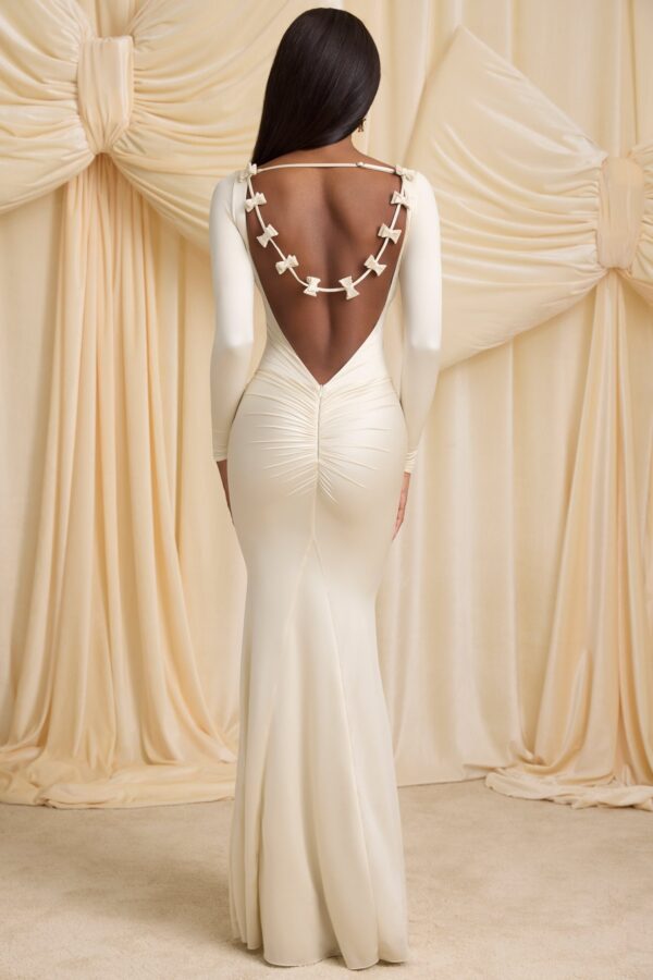 Bow-Detail Ruched Maxi Dress in Ivory - Image 3