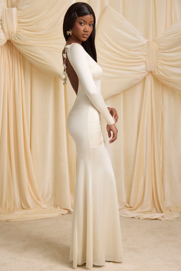 Bow-Detail Ruched Maxi Dress in Ivory - Image 5
