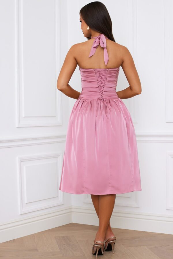 Halterneck Lace-Up Ruched Corset Midi Dress in Mauve - Image 3