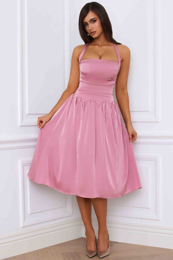 Halterneck Lace-Up Ruched Corset Midi Dress in Mauve - Image 5