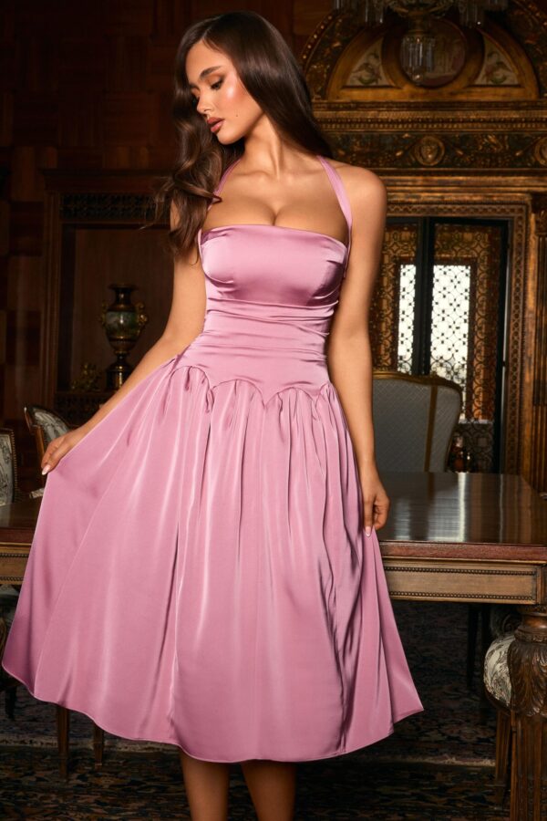 Halterneck Lace-Up Ruched Corset Midi Dress in Mauve - Image 8
