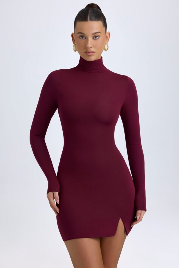 Modal Turtleneck Mini Dress in Wine Red - Image 6