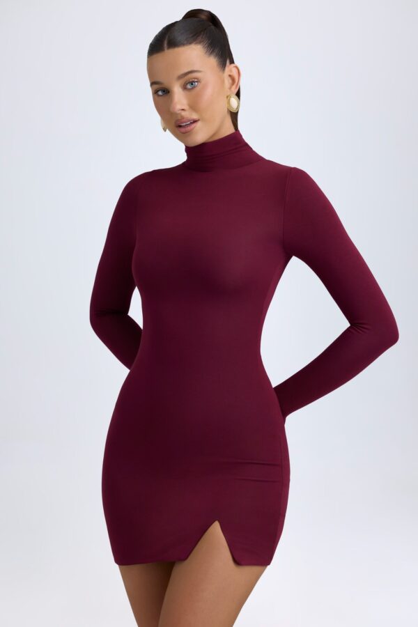 Modal Turtleneck Mini Dress in Wine Red - Image 8