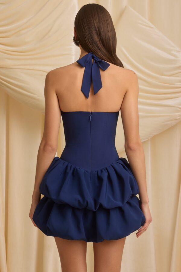 Halterneck Layered Bubble Hem Corset Mini Dress in True Navy - Image 3
