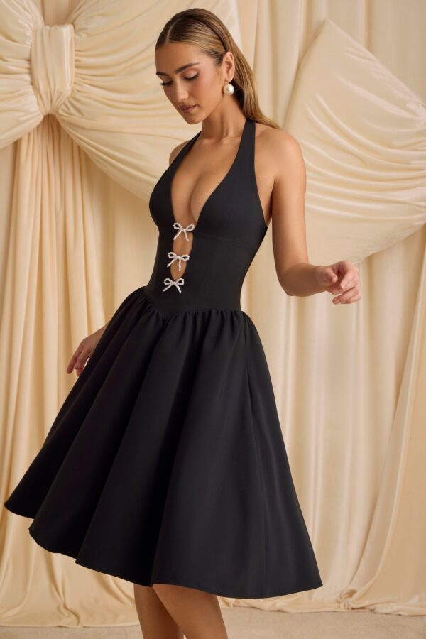 Halterneck Bow-Detail Midi Dress in Black - Image 9