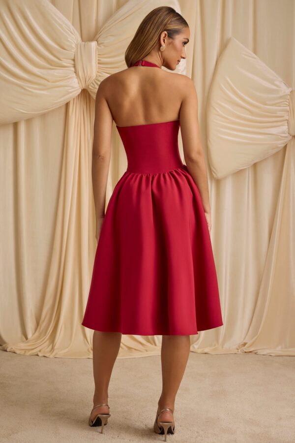 Halterneck Bow-Detail Midi Dress in True Red - Image 3