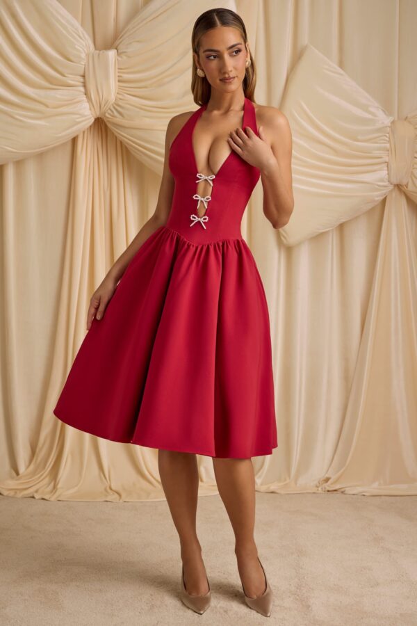Halterneck Bow-Detail Midi Dress in True Red - Image 7