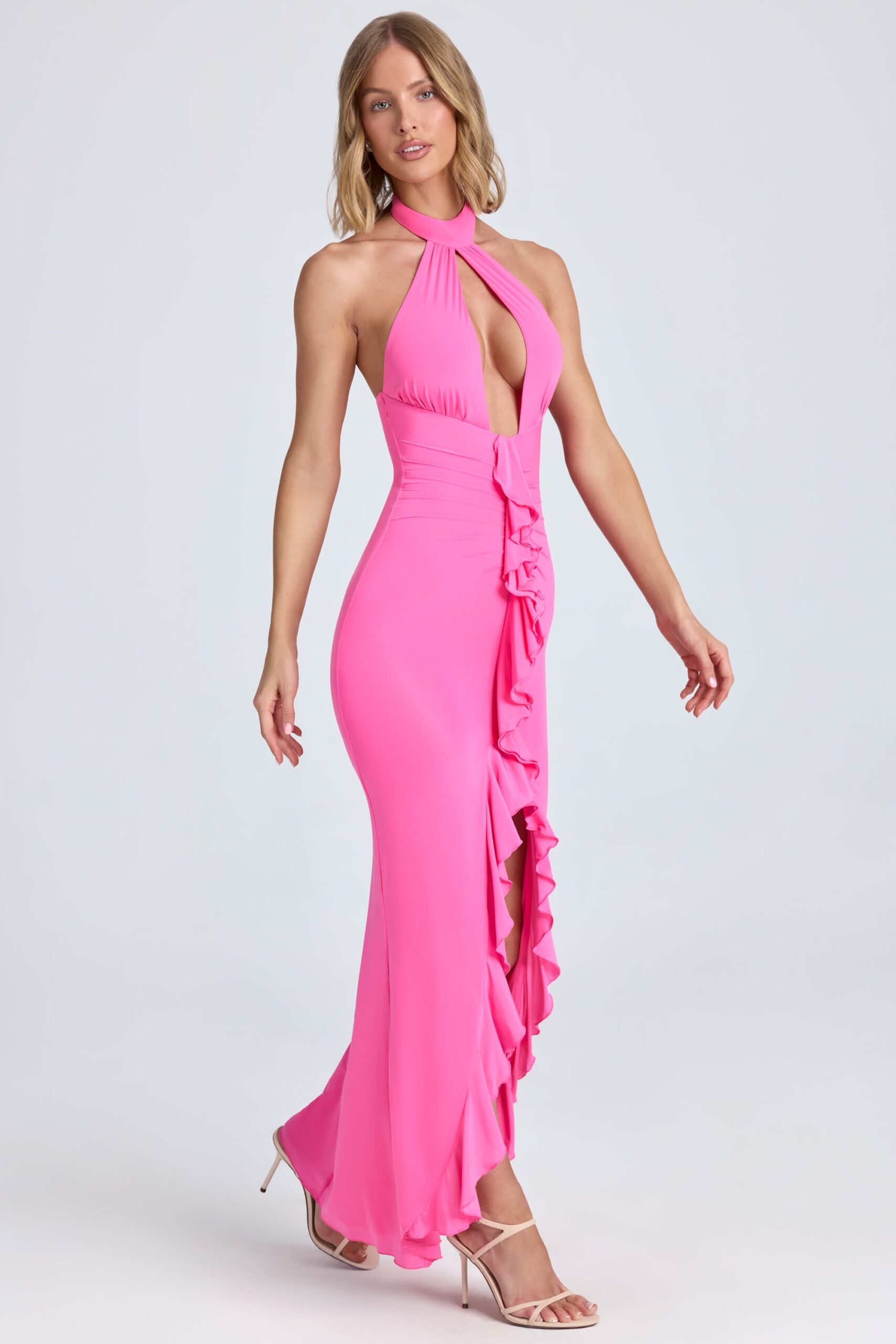 Halterneck Ruffle-Trim Gown in Lollipop Pink - Image 4