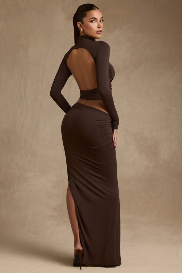 Modal Ruched Backless Turtleneck Top in Chocolate Brown - Image 8