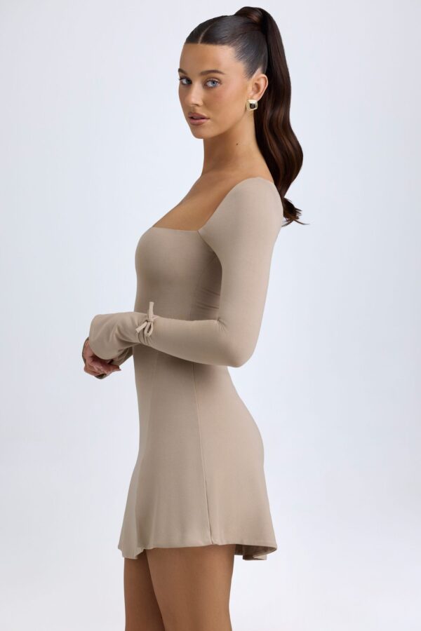 Modal Square-Neck A-Line Mini Dress in Taupe - Image 3