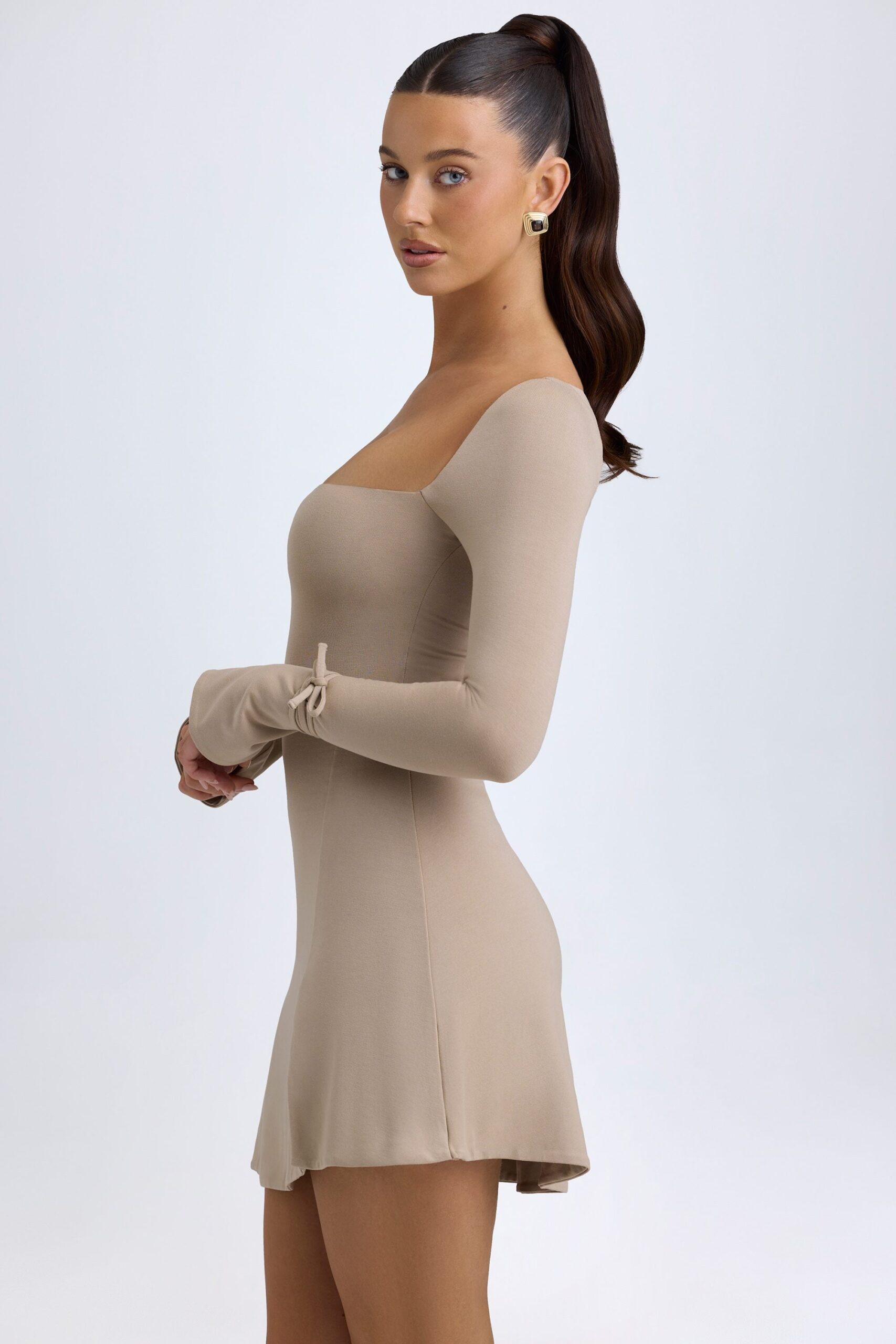 Modal Square-Neck A-Line Mini Dress in Taupe - Image 3