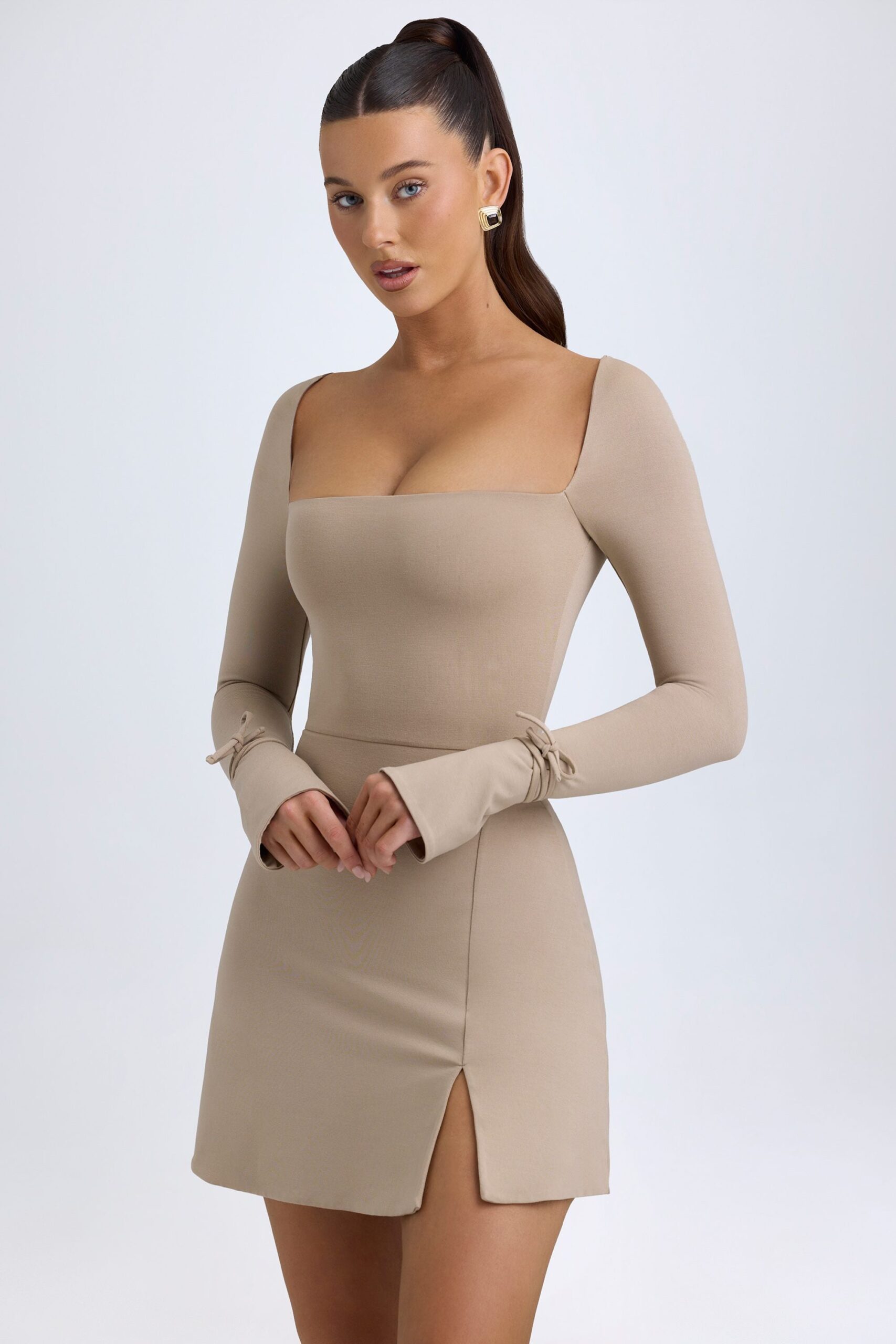 Modal Square-Neck A-Line Mini Dress in Taupe - Image 6