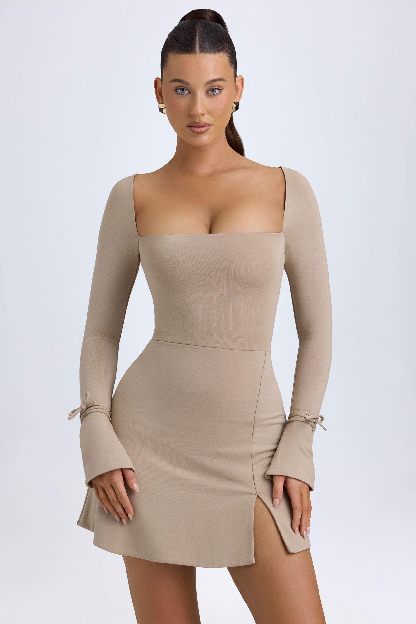 Modal Square-Neck A-Line Mini Dress in Taupe - Image 7