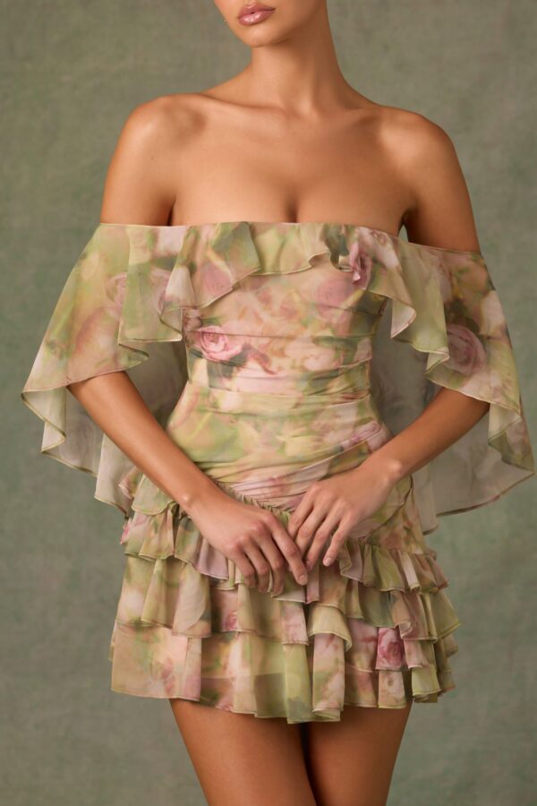 Off-Shoulder Ruffled Mini Dress in Floral Multi Print - Image 4