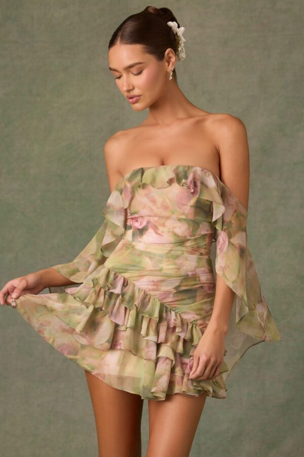 Off-Shoulder Ruffled Mini Dress in Floral Multi Print - Image 6