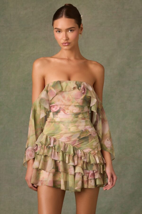 Off-Shoulder Ruffled Mini Dress in Floral Multi Print - Image 7