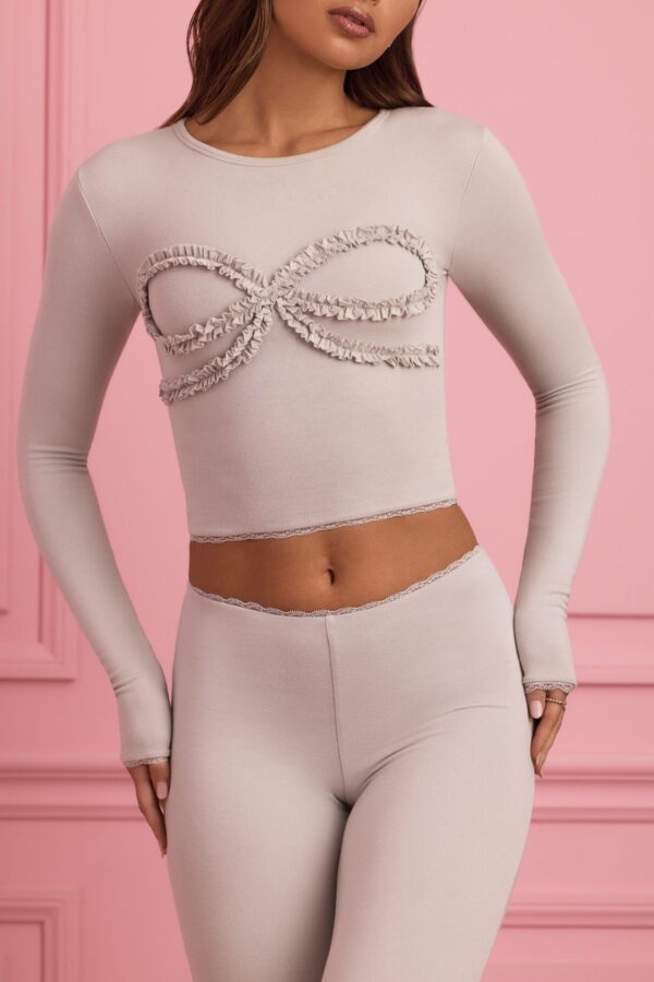 Lace-Trim Appliqué Pyjama Top in Cloud Grey - Image 2