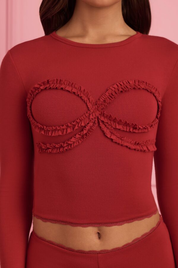 Lace-Trim Appliqué Pyjama Top in Ruby Red - Image 5