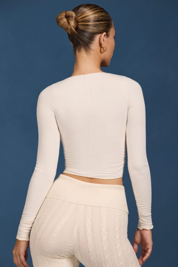 Ruched Long-Sleeve Crop Top in Cream - Image 2