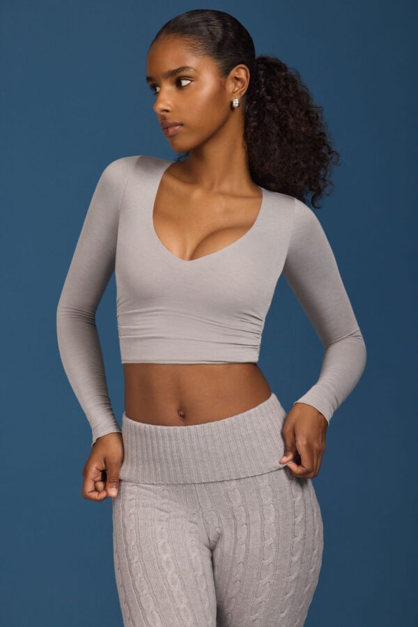 Ruched Long-Sleeve Crop Top in Grey - Image 7