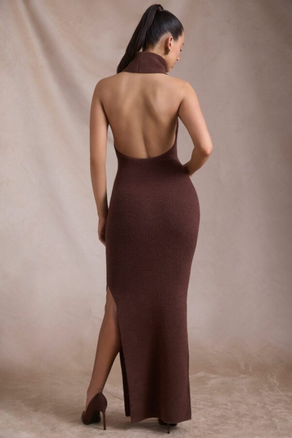 Ribbed-Knit Turtleneck Backless Maxi Dress in Espresso - Image 2