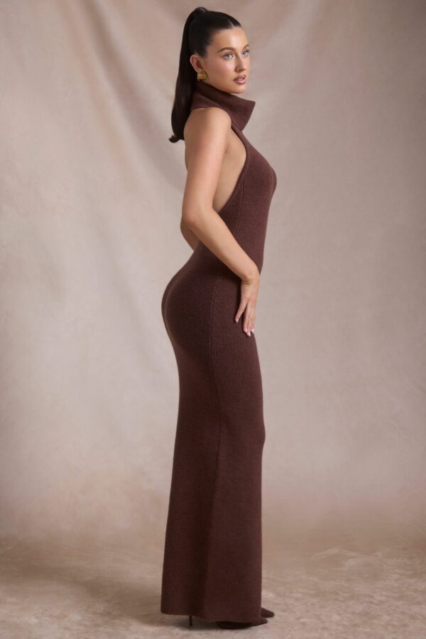 Ribbed-Knit Turtleneck Backless Maxi Dress in Espresso - Image 3