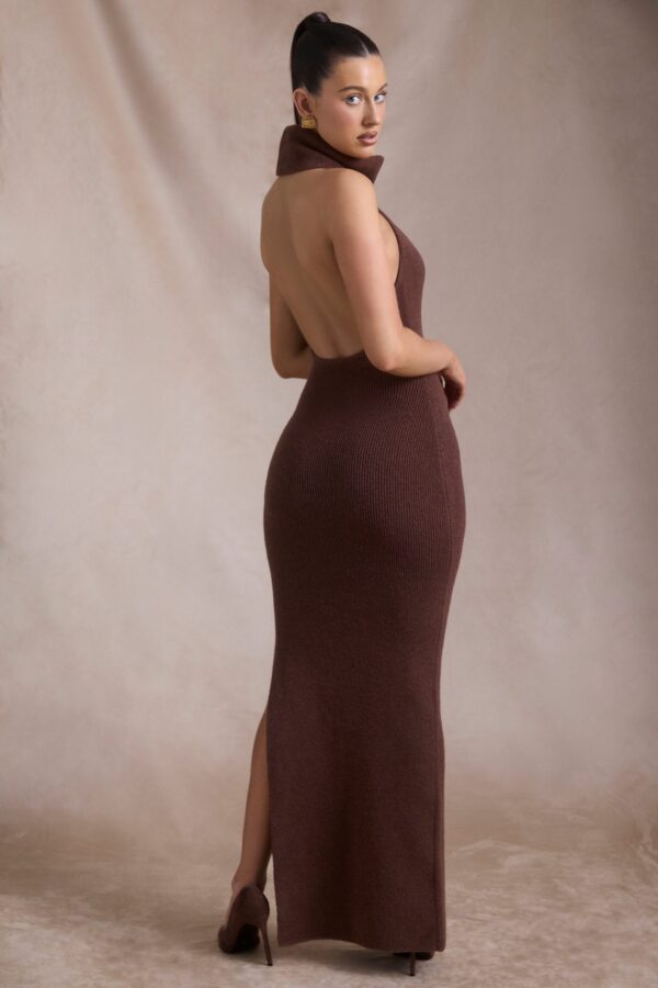 Ribbed-Knit Turtleneck Backless Maxi Dress in Espresso - Image 4