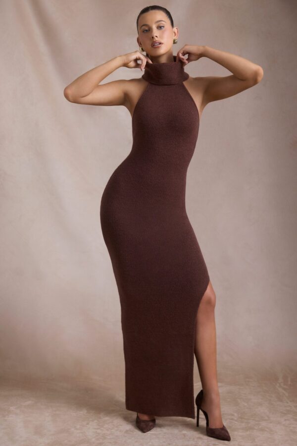Ribbed-Knit Turtleneck Backless Maxi Dress in Espresso - Image 5