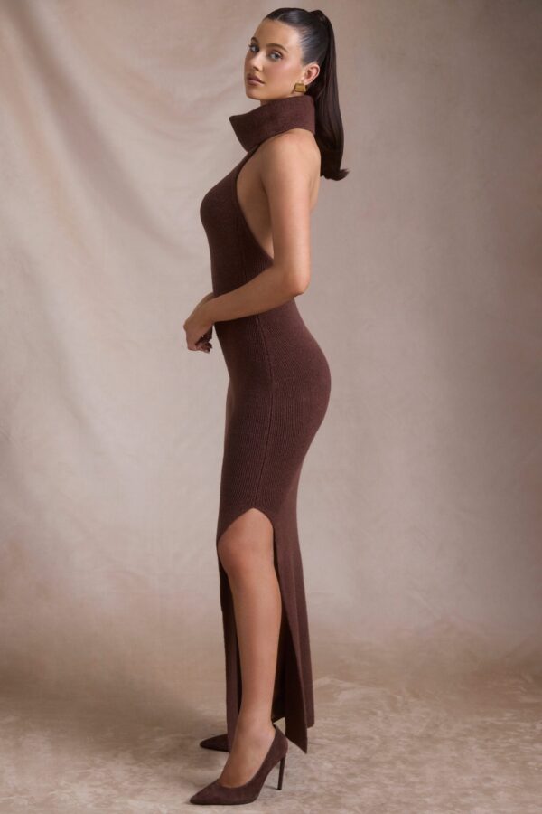 Ribbed-Knit Turtleneck Backless Maxi Dress in Espresso - Image 6