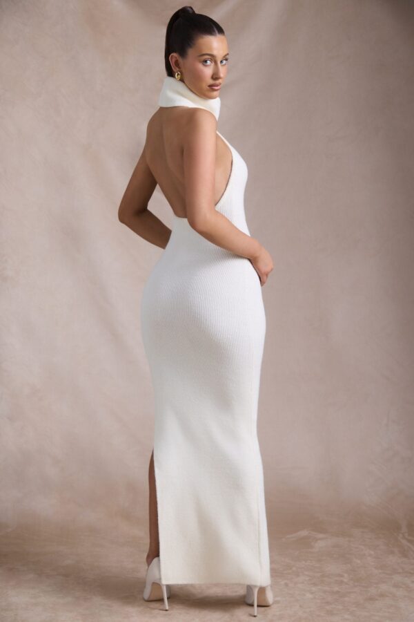 Ribbed-Knit Turtleneck Backless Maxi Dress in Ivory - Image 2