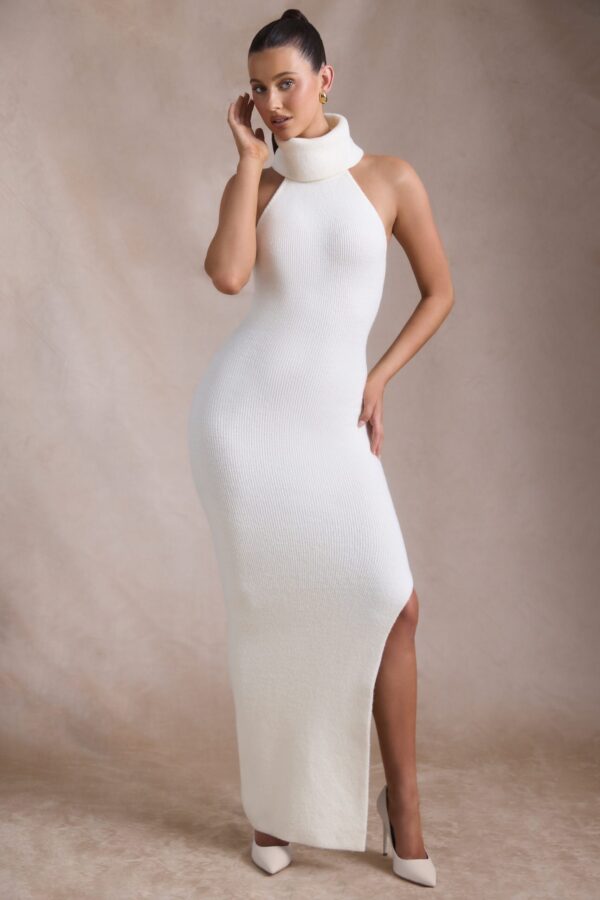 Ribbed-Knit Turtleneck Backless Maxi Dress in Ivory - Image 4