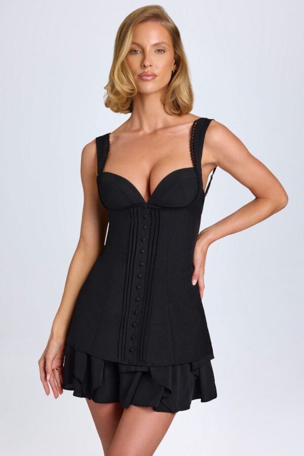 Ruffle-Trim Button-Detail Corset Mini Dress in Black - Image 2