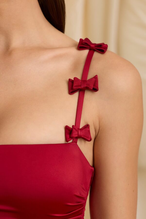 Bow-Detail Ruched Bubble Hem Mini Dress in True Red - Image 5