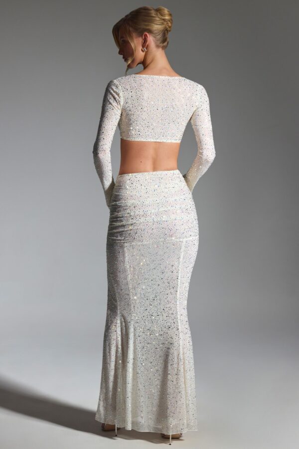 Embellished Ruched Maxi Skirt in White - Image 3