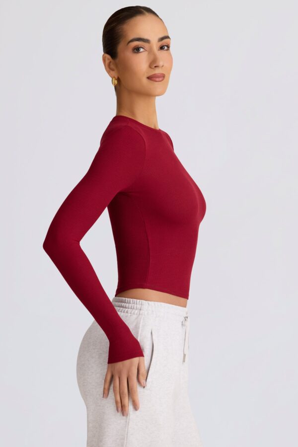 Ribbed Modal Long-Sleeve Top in Burgundy - Image 3