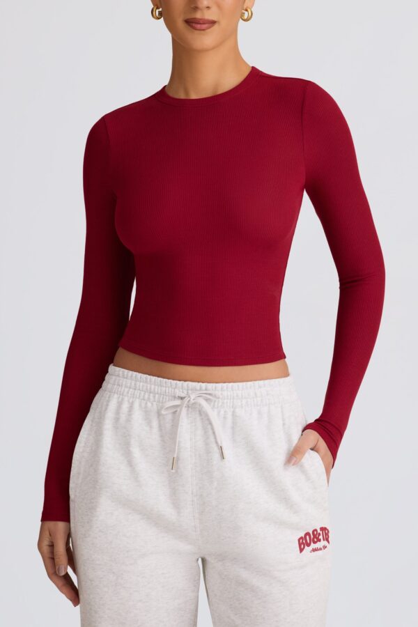 Ribbed Modal Long-Sleeve Top in Burgundy - Image 4
