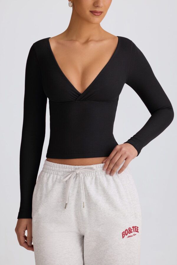Ribbed Modal Ruched V-Neck Top in Black - Image 4