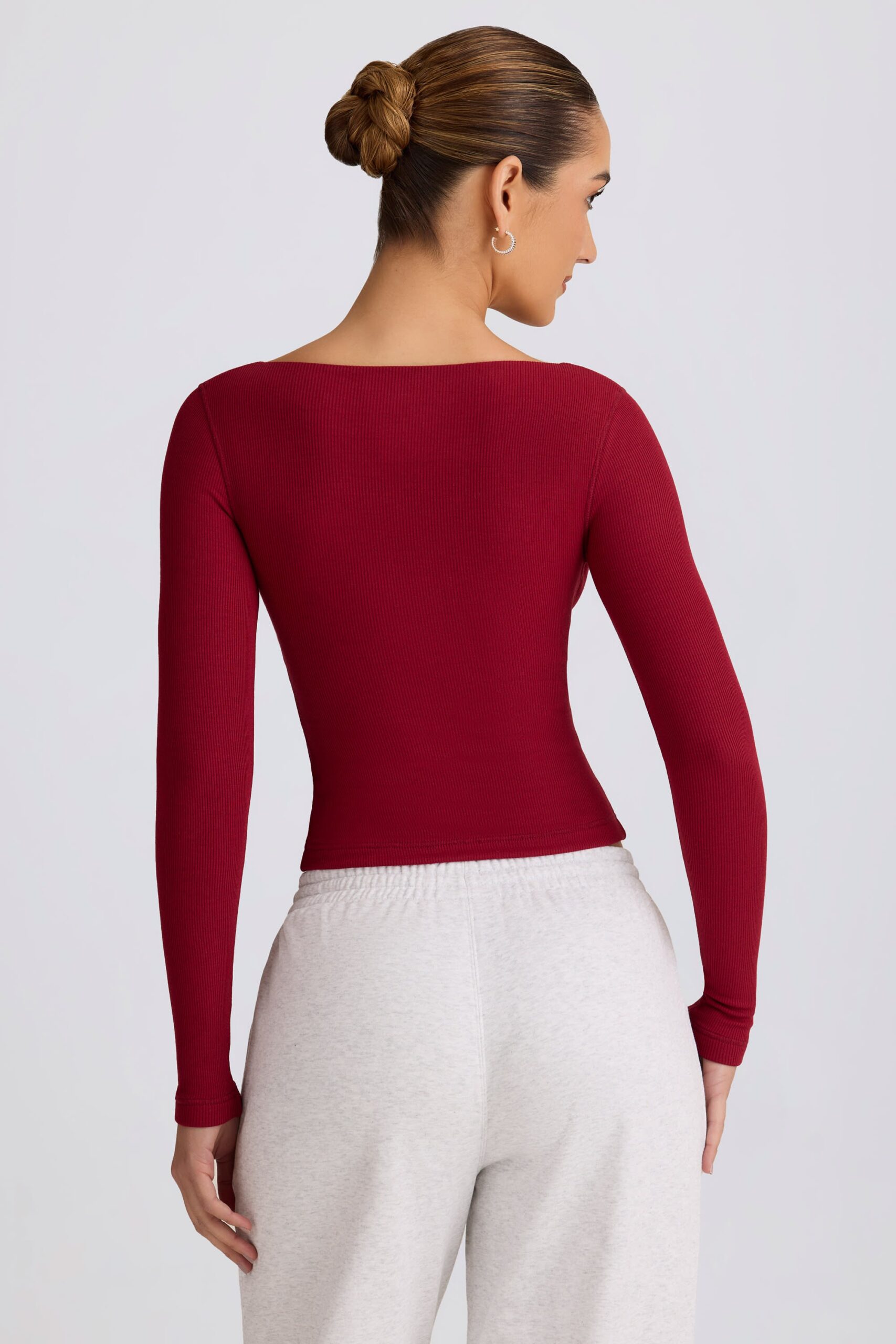 Ribbed Modal Ruched V-Neck Top in Burgundy - Image 2