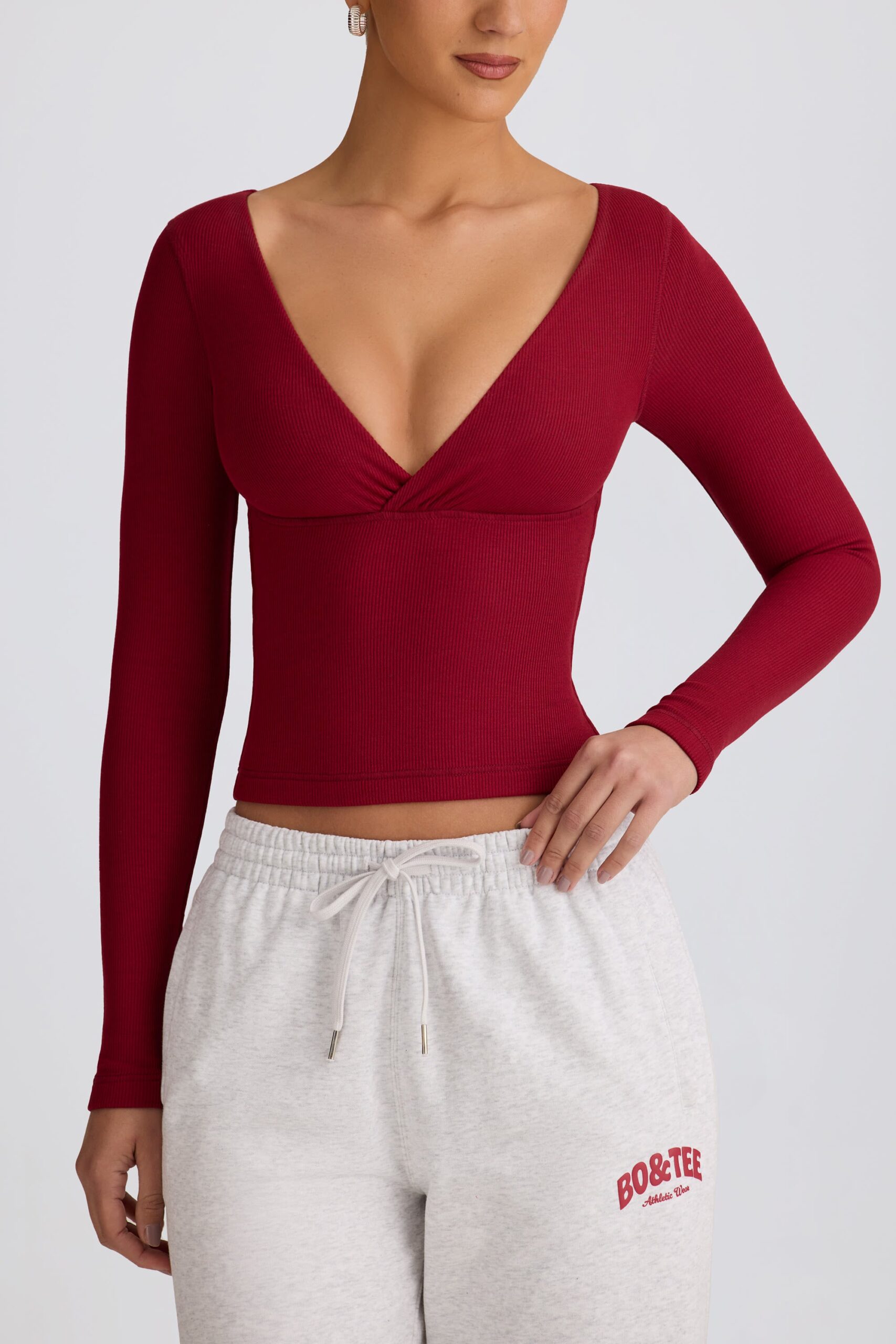 Ribbed Modal Ruched V-Neck Top in Burgundy - Image 4