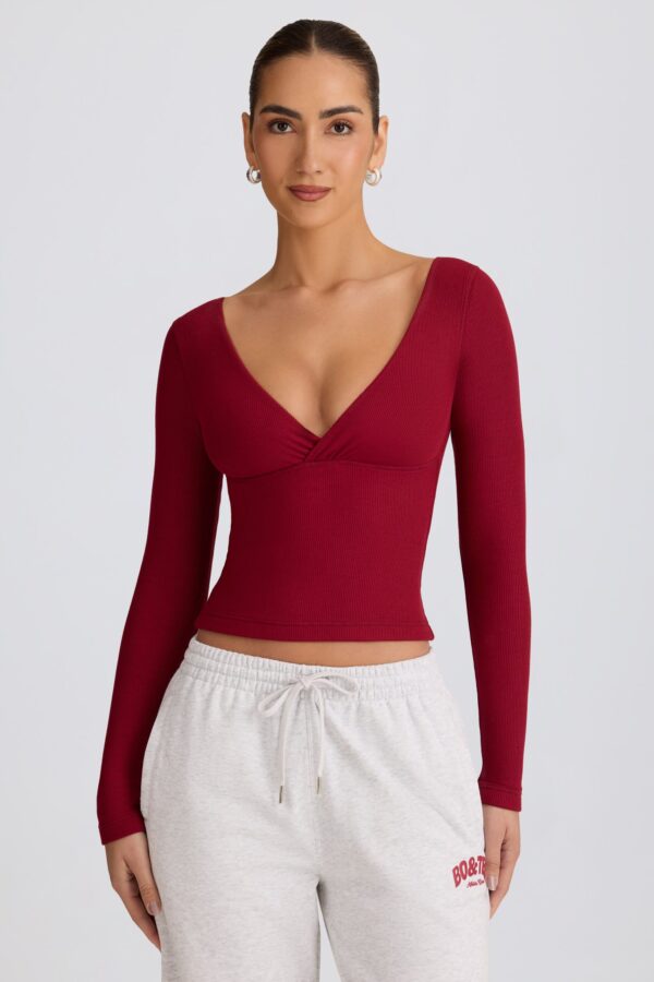 Ribbed Modal Ruched V-Neck Top in Burgundy - Image 5
