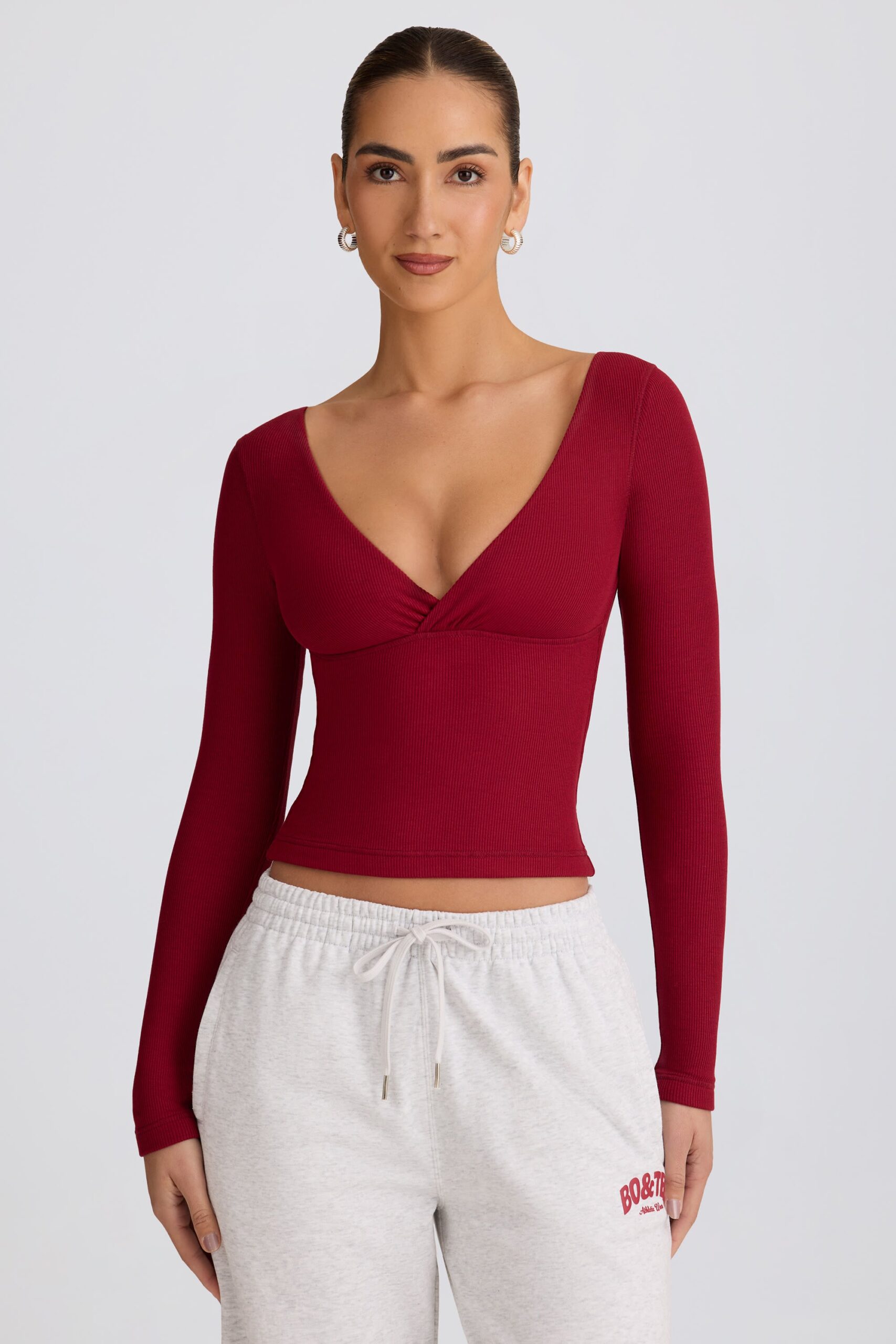 Ribbed Modal Ruched V-Neck Top in Burgundy - Image 5