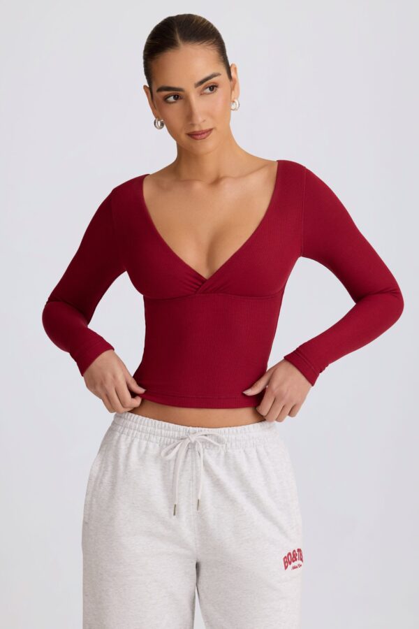 Ribbed Modal Ruched V-Neck Top in Burgundy - Image 6
