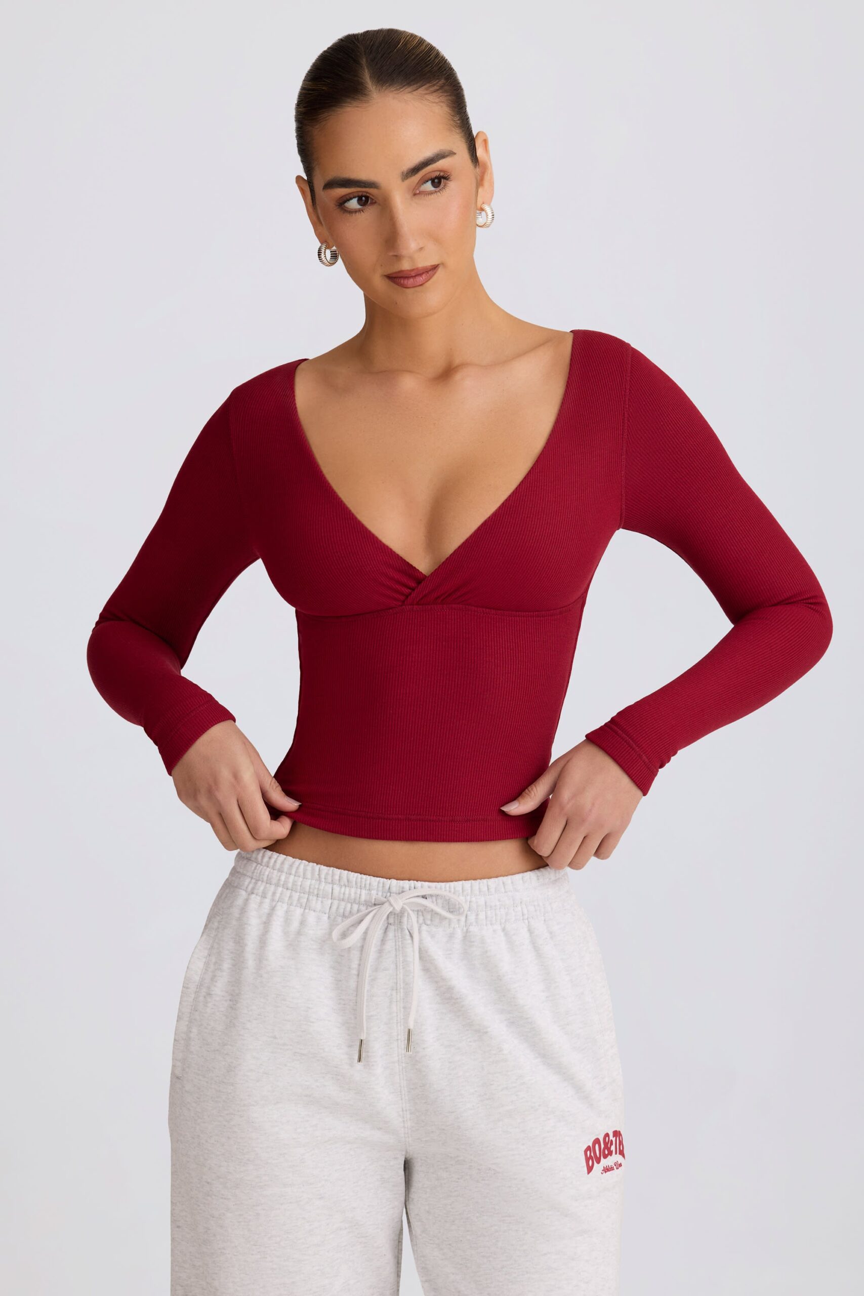 Ribbed Modal Ruched V-Neck Top in Burgundy - Image 6