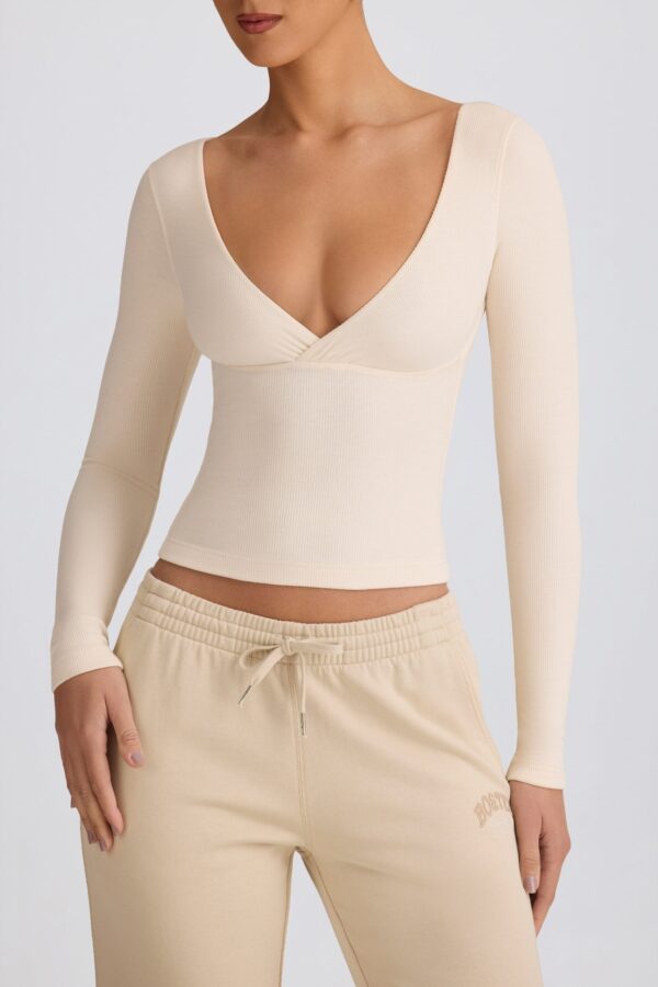 Ribbed Modal Ruched V-Neck Top in Ecru - Image 4